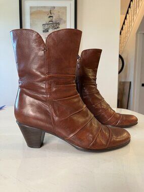 Arnold Churgin Brown Leather Mid Calf Boot Women's EU 40 US 9 Block Heel Zip